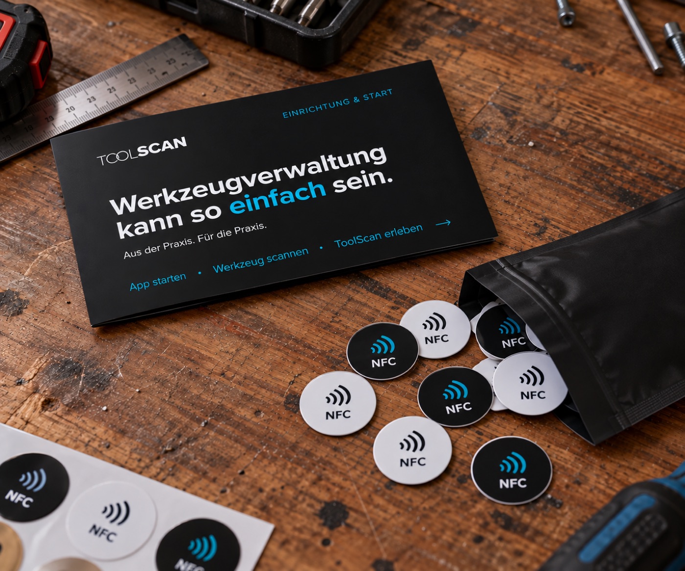 ToolScan Starterkit: Kurzanleitung und NFC-Chips auf der Werkbank